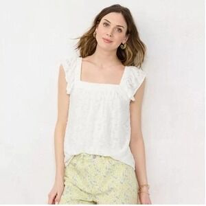 LC Lauren Conrad White Floral Ruffle Sleeve V-Back Tank Top Blouse XXL